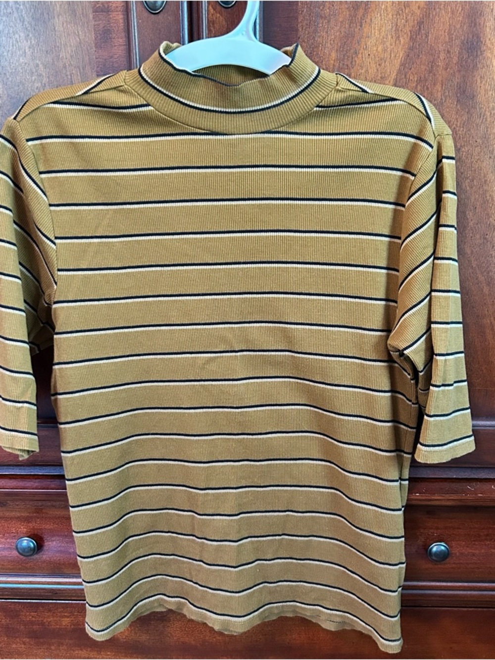 Natural by Known Supply Striped Tan / Mustard Mock Neck Short Sleeve Top